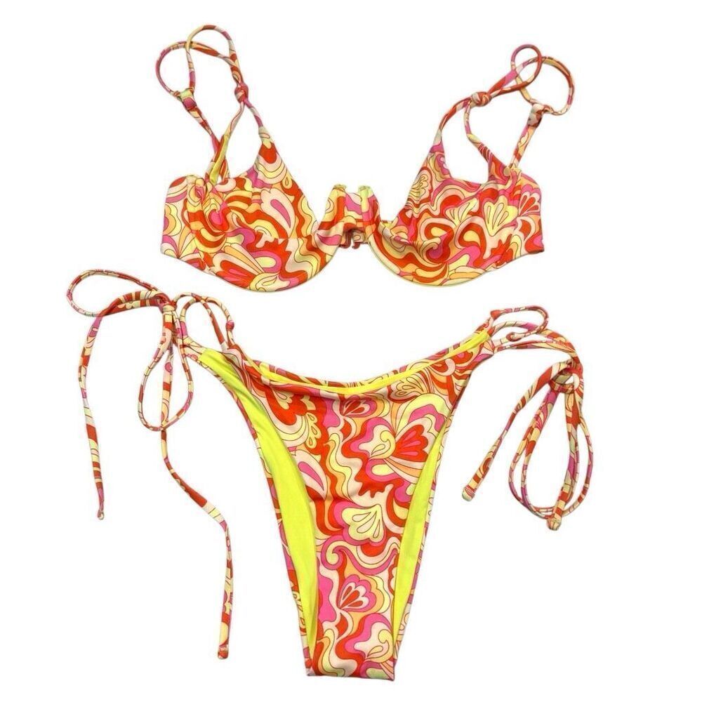 NWOT OneOne Swimwear Floral Tie Side Two Piece Bikini Set Multicolor Large